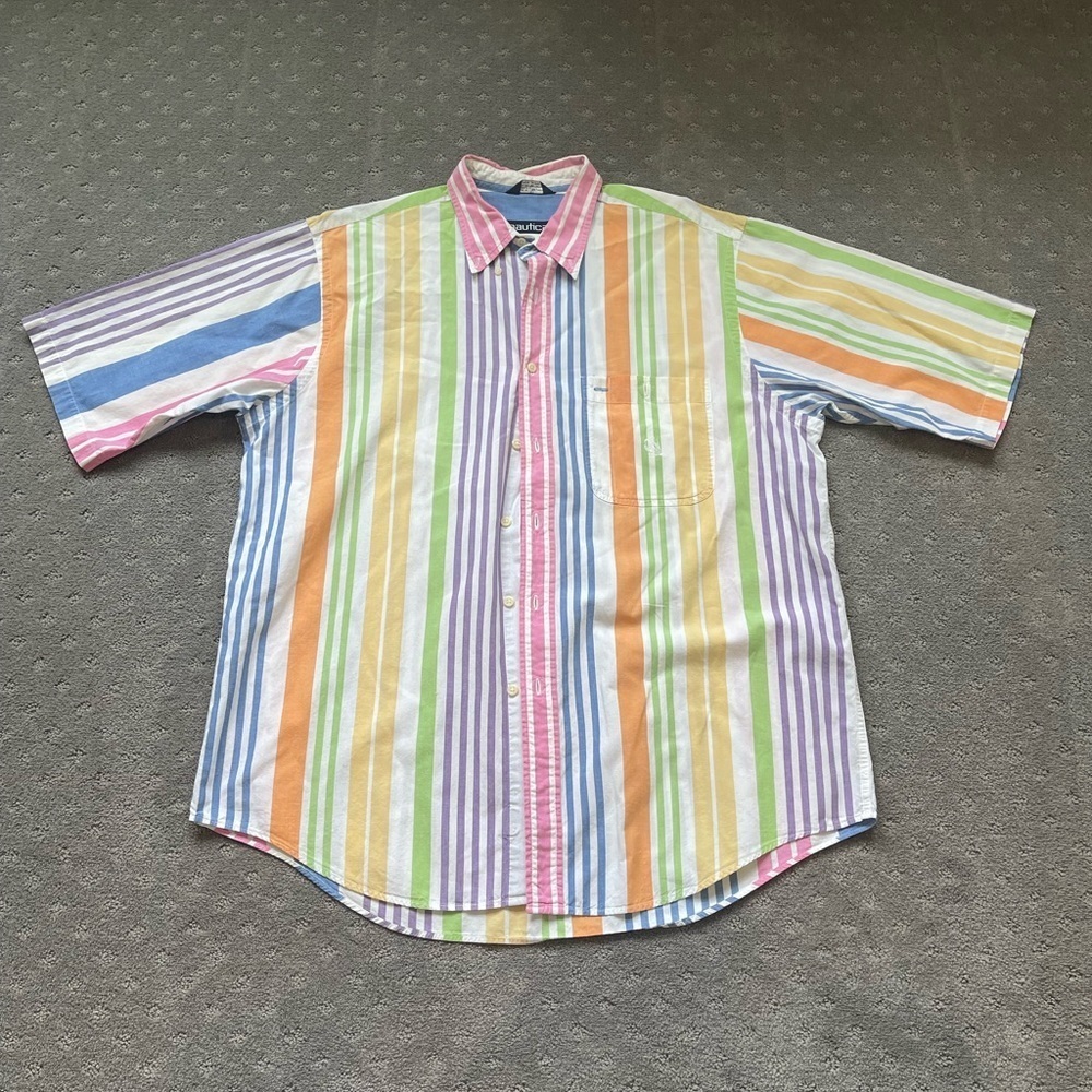 Nautica Men’s Half Sleeve Button Down Rainbow Stripe Vintage 90’s